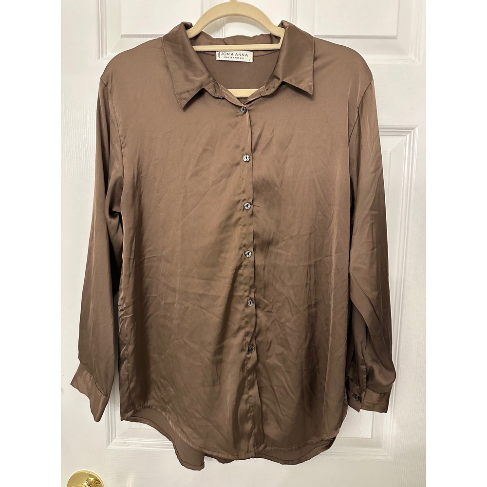 Jon & Anna Contemporary Brown Satin Button Down Blouse Long Sleeve Large